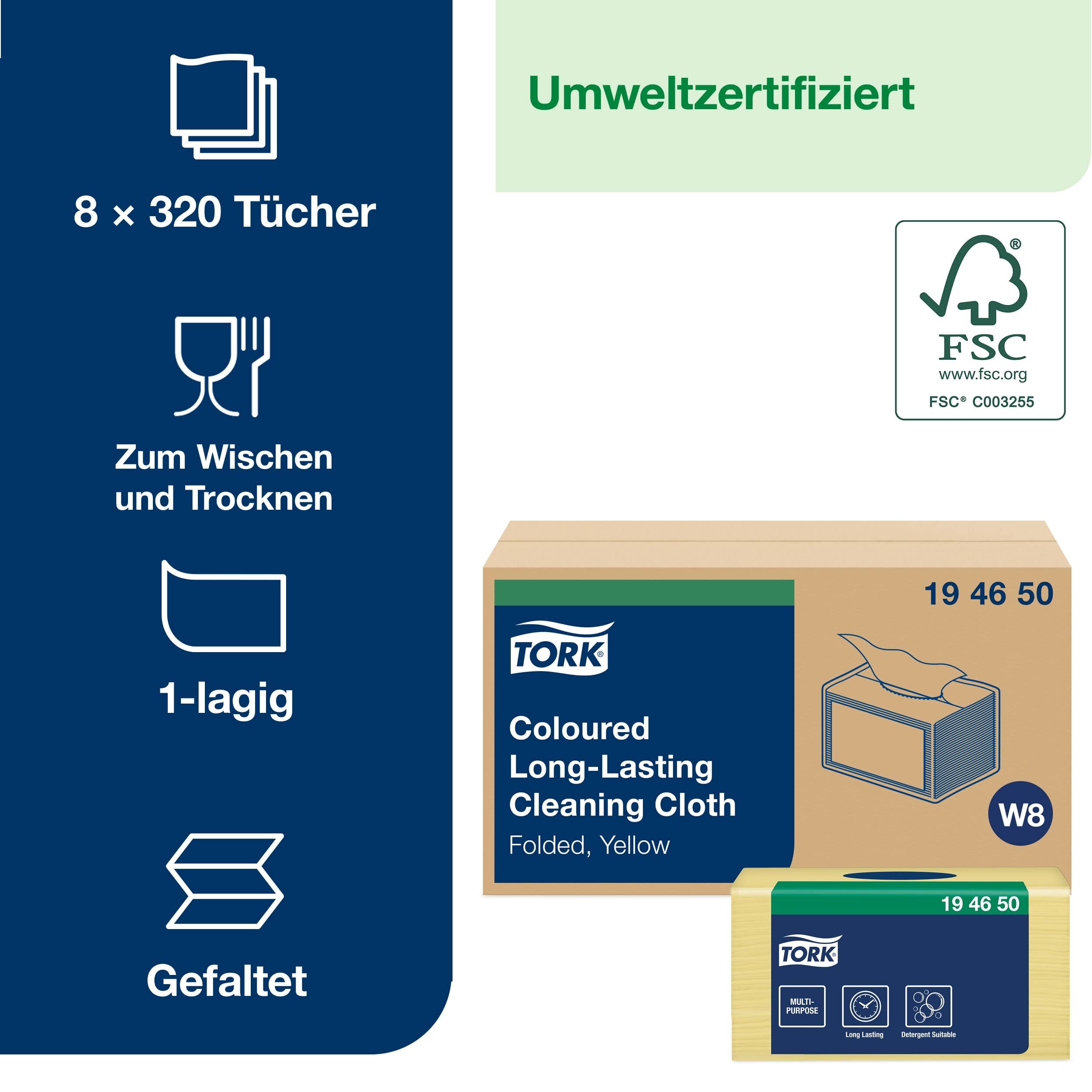 Tork 194650 Langlebige Farbige Reinigungstücher für W8 Small Pack System / 1-lagiges Reinigungstücher Set Gelb / Für den mehrfachen Einsatz / Premium Qualität / 8 x 40 Tücher / 30 x 38,5 cm (B x L)