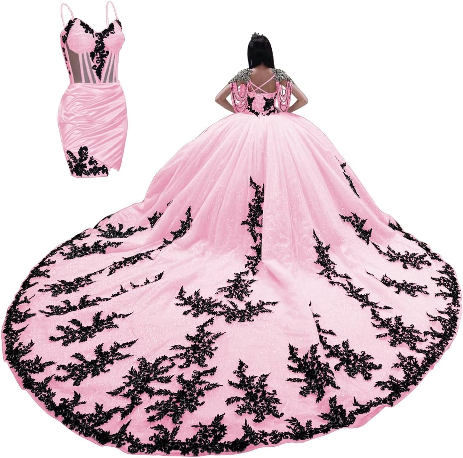 XYAYE Gorgeous 2 in 1 Quinceanera Dresses with Train Puffy Black Lace Wedding Dresses Beaded Vestidos de Quinceañeras