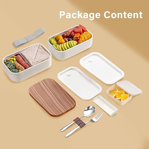 Miniatura 6 de Yalucky Bento Box - Lonchera para adultos de 54.1 fl oz con cuchara y tenedor de acero inoxidable, 2 recipientes apilables a prueba de fugas para