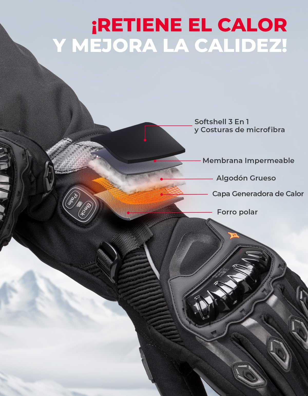 KEMIMOTO Guantes Calefactables Impermeable Moto, Doble Zona de Calefacción Independientes, Retención de Calor Desde -20℃ a -5℃, 3 Modos Calefactores, Batería 3000mAH, Resistentes al Desgaste