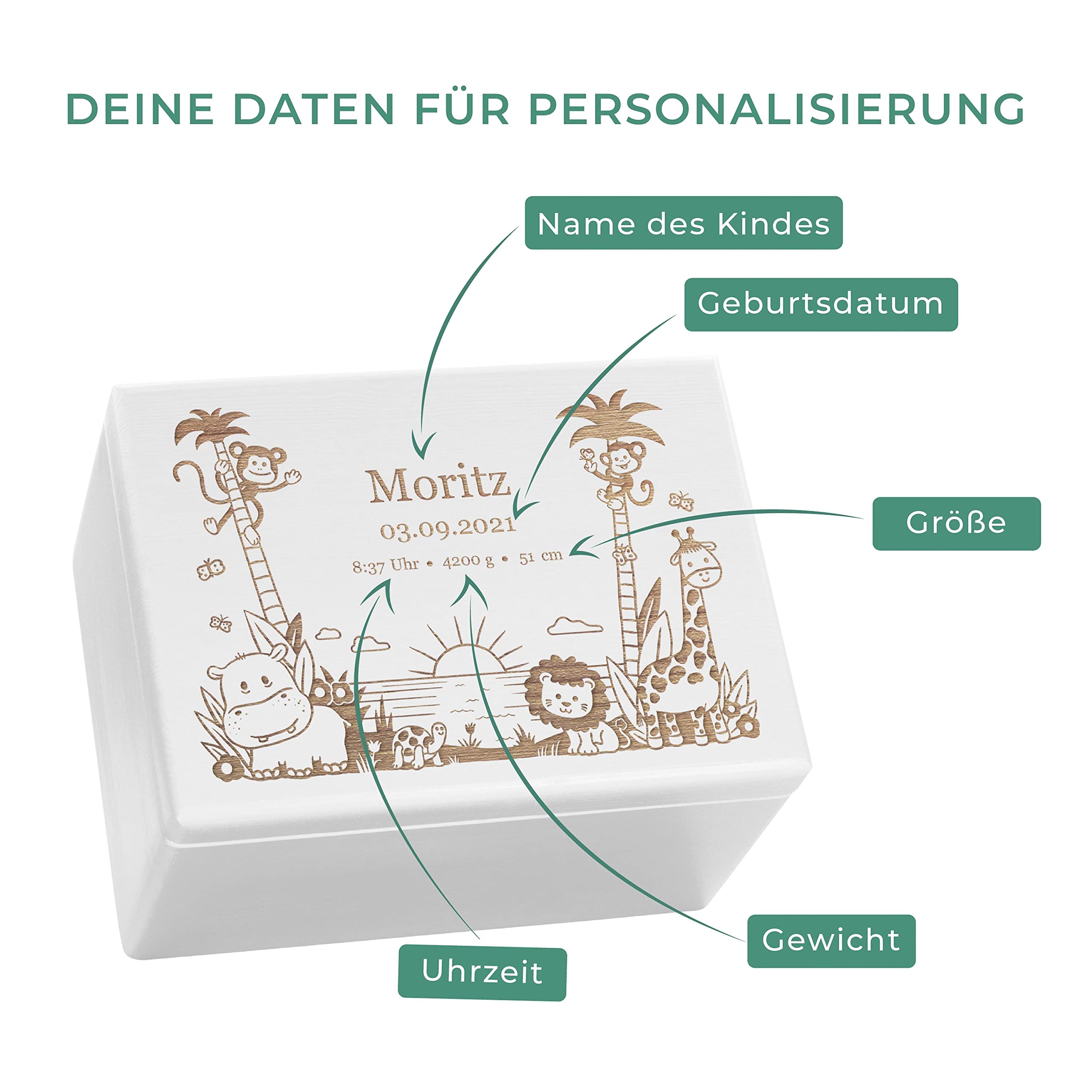 LAUBLUST Erinnerungsbox Baby Personalisiert - Dschungel - Geschenk zur Geburt | XL - ca. 40x30x24cm, Holzkiste Weiß FSC®