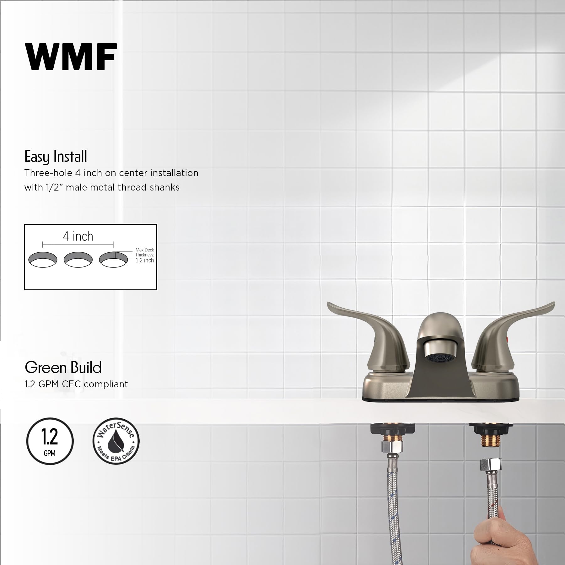 WMF-4224EULP-BN Mobile Home RV Lavatory Bathroom Faucet Double Lever Handle Washerless Cartridge Less Pop Up Drain Brushed Nickel — view 4