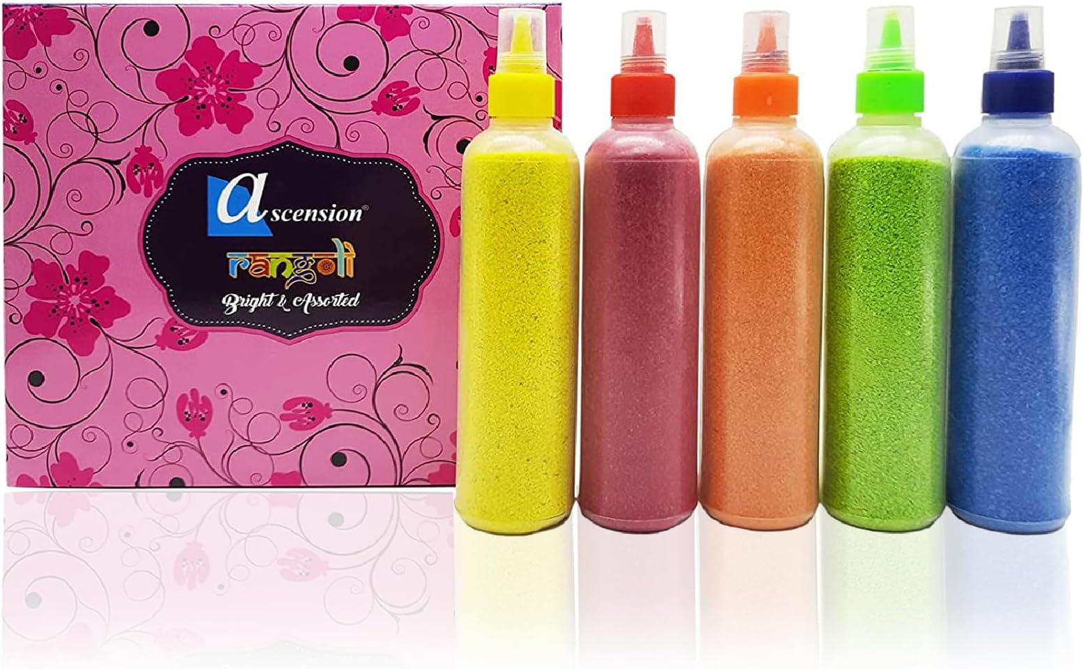 Ascension Rangoli Powder Colors Bottles 80 gm Each Design Creativity Diwali Decoration Floor Rangoli Art Ceramic Colours Rangoli Color Powder Rang for Navratri Diwali Decor Items (Set of 5)