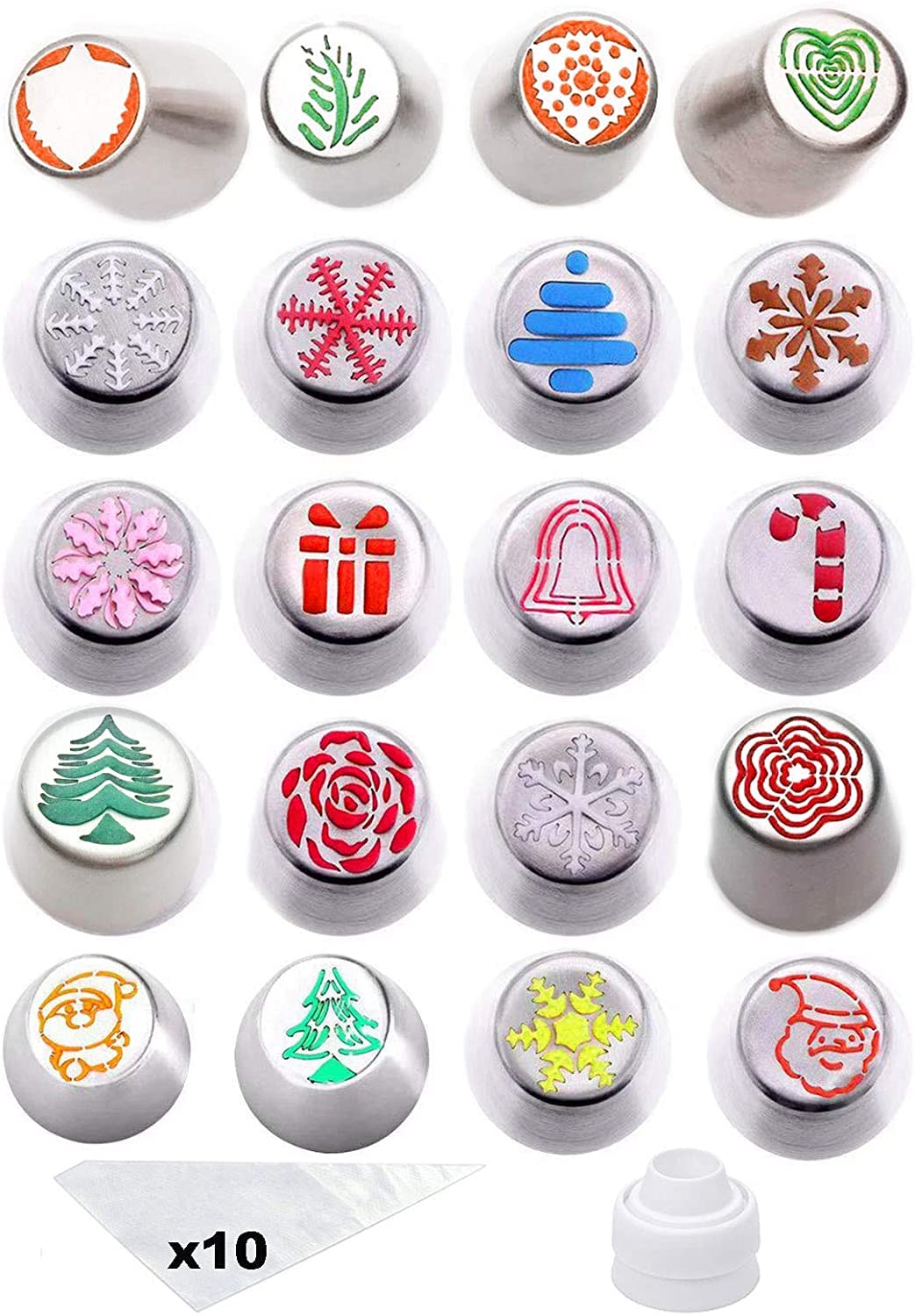 Christmas Russian Icing Tips for Cake Decoration 31Pcs/set, 20 Pastry Decorating Tips Holiday Flower Nozzles Kits for Cupcake + 1 Coupler + 10 Disposal Pastry Bags