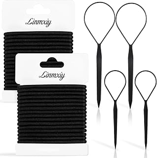 Black Hair Ties & Topsy Tail Hair Tools,4pcs Hair Loop Styling Tool, Elastic Hair Bands(32pcs/4+mm),Ponytail Holders for Thick and Curly Hair, Hair Pull Through Tool for Woman and Girl Hair Styling