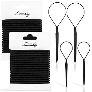 Black Hair Ties & Topsy Tail Hair Tools,4pcs Hair Loop Styling Tool, Elastic Hair Bands32pcs/4+mm,Ponytail Holders for Thick and Curly Hair, Hair Pull Through Tool for Woman and Girl Hair Styling