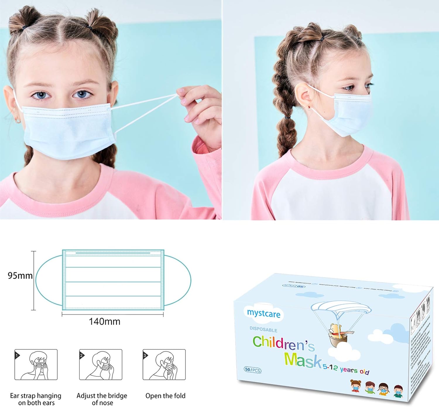 Flash Deals - 80% OFF mystcare Kids Disposable Face Mask 50 Pack Ages 5-12 Filter 3-Layer Safety Face Masks for Kids Daily Use.All Metal Nose Clips(Blue)
