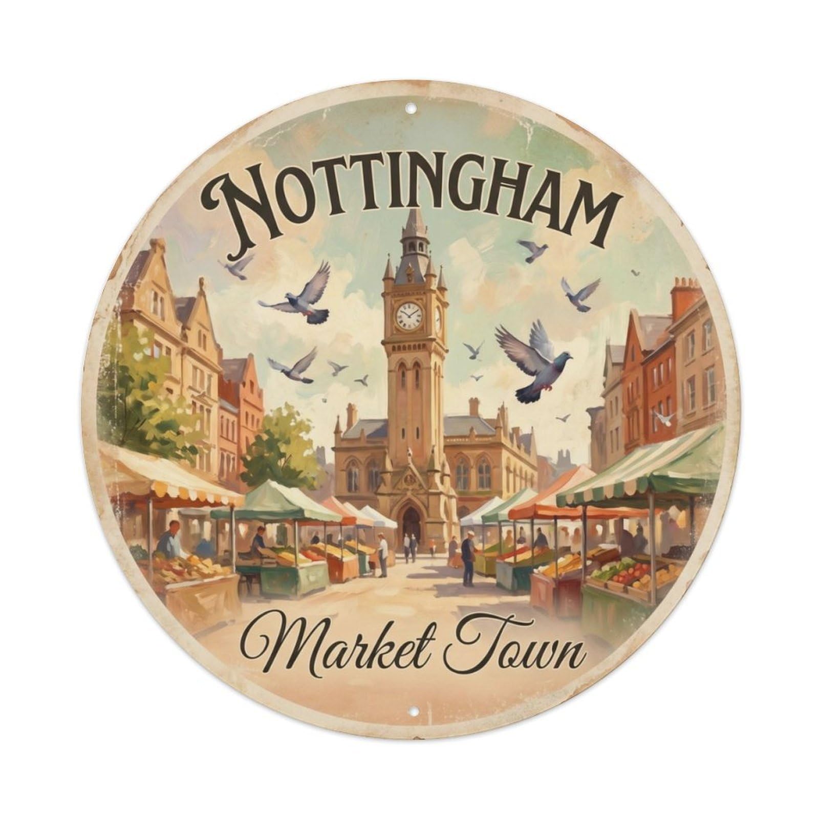 Fqcyn Style Vintage Travel Nottingham Market Town Metal Tin Sign Plaque Wall Decor For Cafe, Club Bar, Office, Home Garden Round Metal Poster 8X8inch