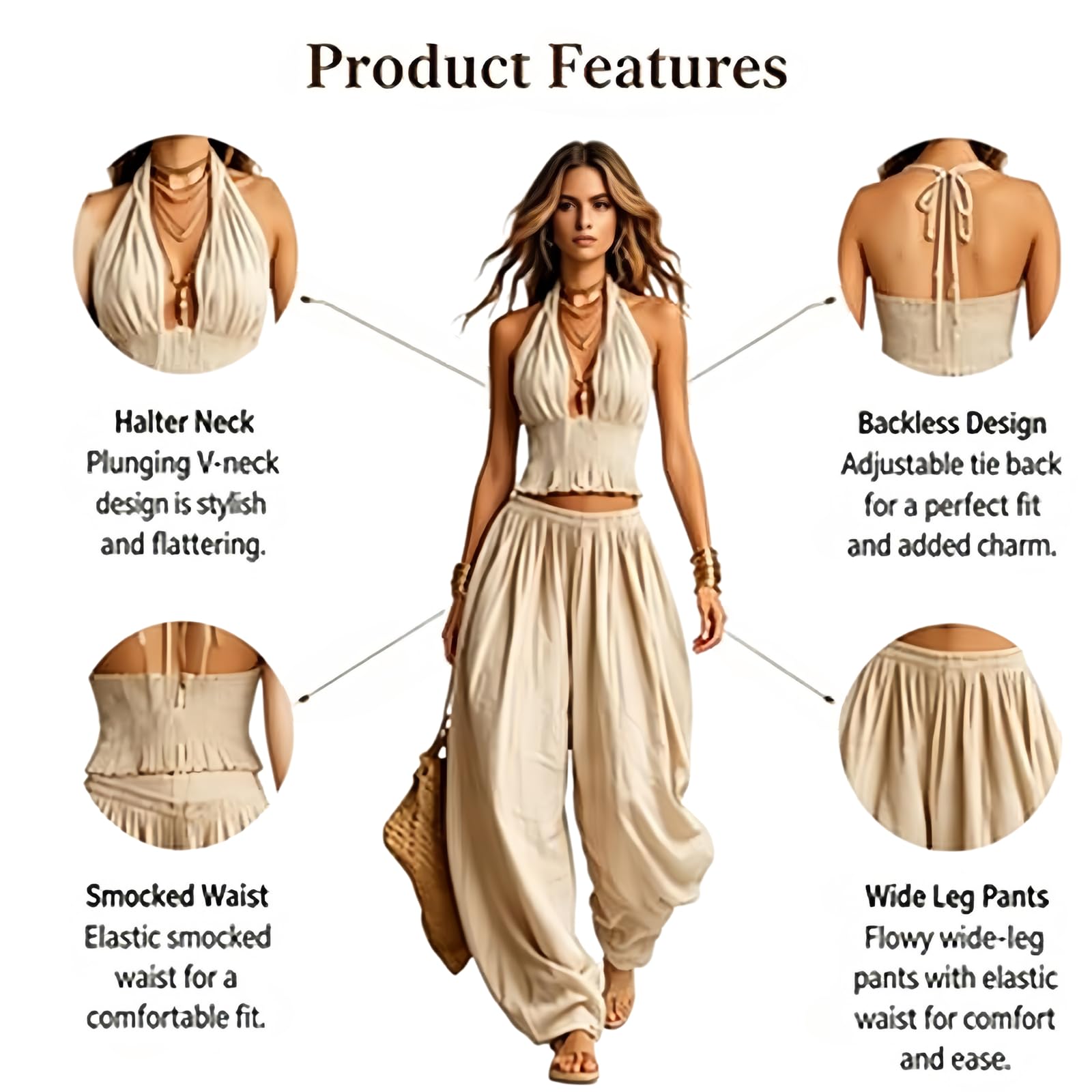 Ensemble deux pièces bohème : crop top dos nu (coupe américaine) en coton et lin avec détails smockés et pantalon sarouel ample