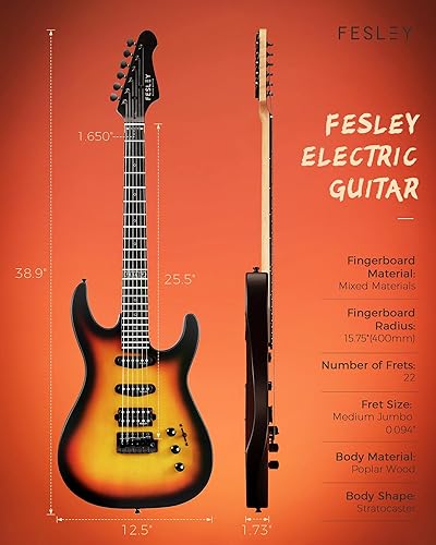 Miniatura 2 de Fesley Guitarra eléctrica de 39 pulgadas, kit de guitarra eléctrica HSS Pickup Coil Split, elegante guitarra eléctrica de cuerpo sólido de álamo
