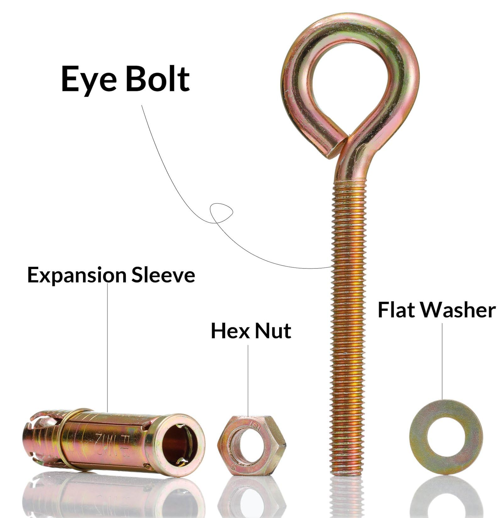 Bullone ad occhiello M12 x 90 mm per muratura con dado esagonale, vite in acciaio zincato giallo con anello per fissaggio resistente, 2 pezzi