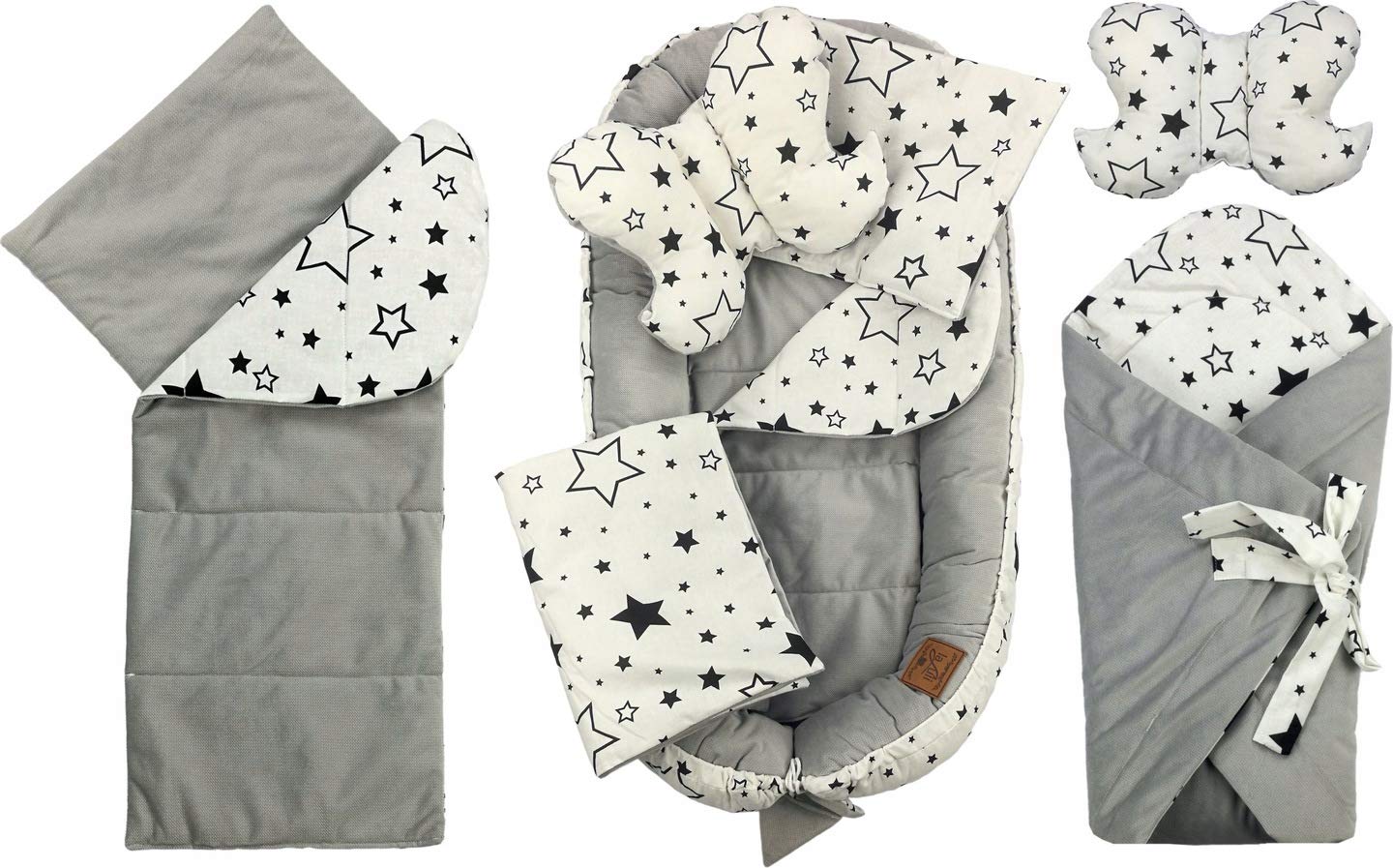 Babynest - Paracolpi per lettino da viaggio, 10 in 1, 110 x 60 cm, federa per cuscino Flufy (grigio/nero con stelle)