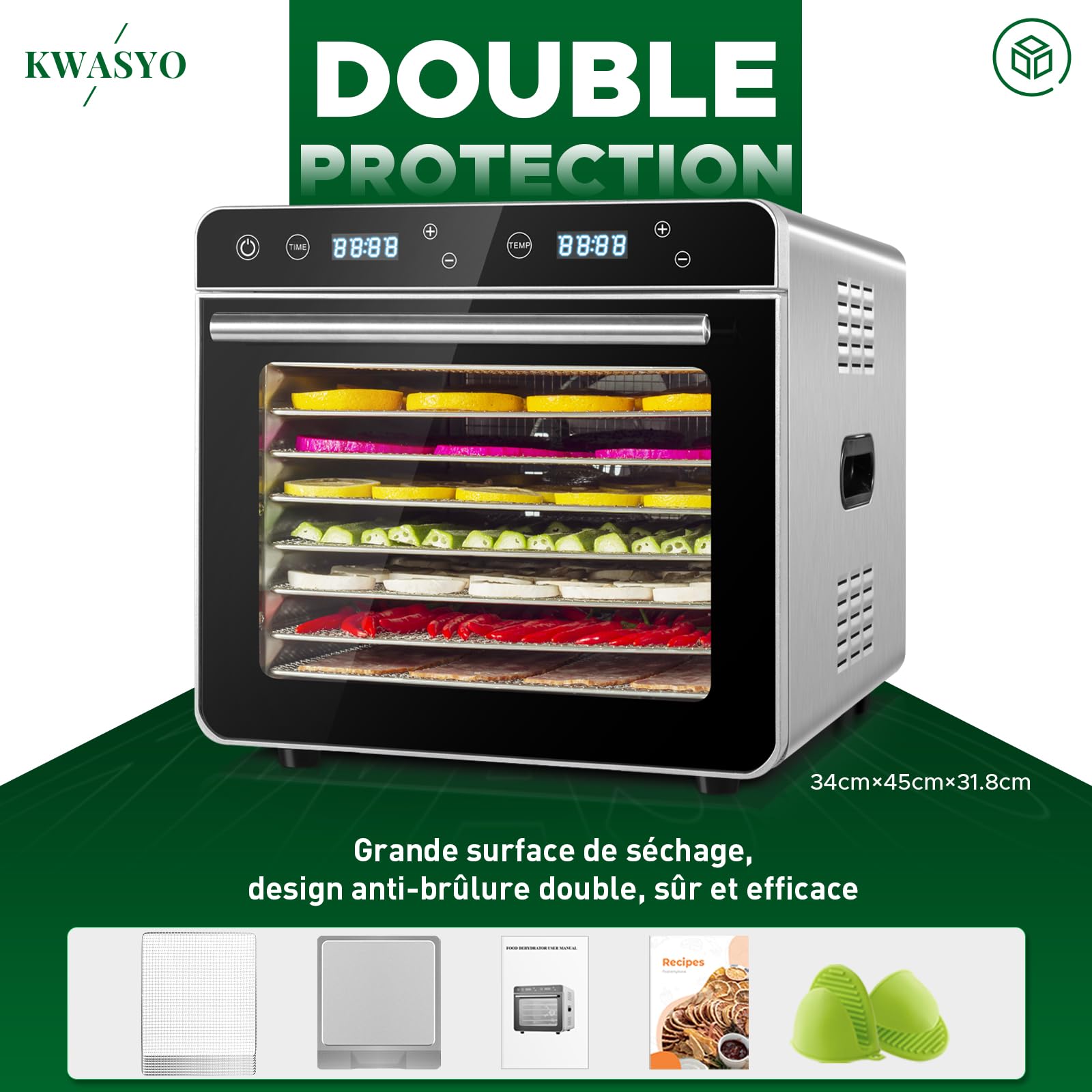 Kwasyo Deshydrateur Alimentaire Avec 8 Plateaux Inox, 700W, Minuteur 24H, 30 à 85°C, Calme Food Dehydrator pour Fruits, Légumes, Viande, Poisson, Herbes et Champignons, Recettes en Anglais, Sans BPA