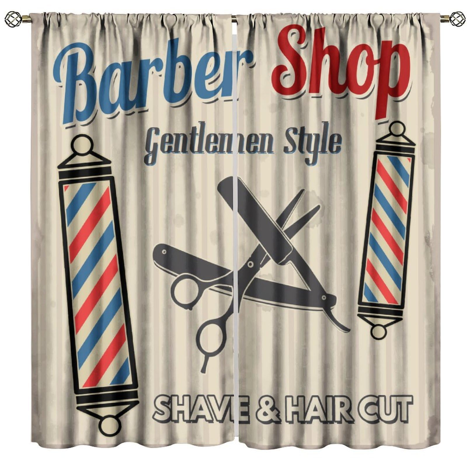 BenYaSong Barber Shop Decor Window Curtains - Vintage Hair Cut and Shave Barbershop Beauty Salon for Home Kitchen Restaurant Decoration Window Drapes 2Panel 41" W X 62" L