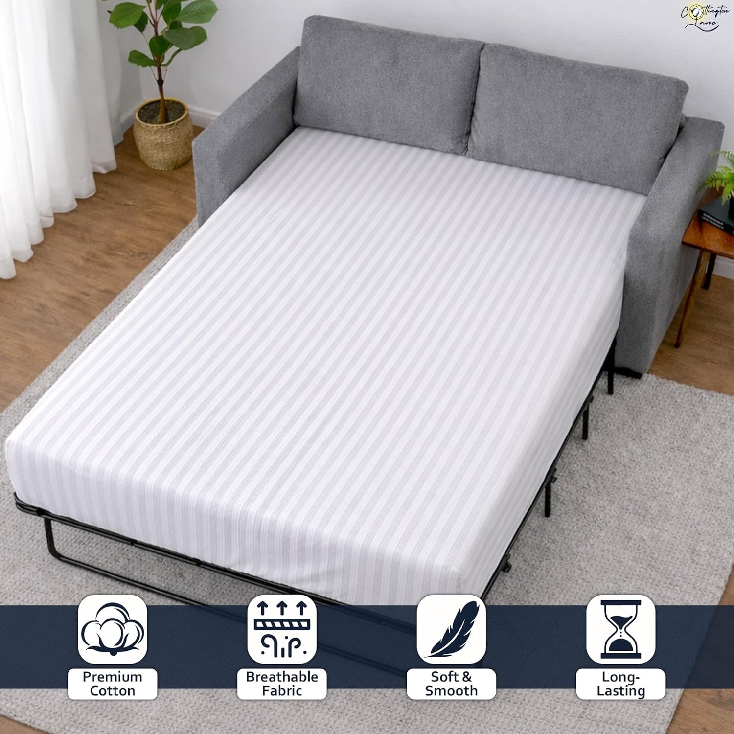 Cottington Lane 1 Piece Sleeper Sofa Fitted Sheet Twin Size, Premium Quality 100% Egyptian Cotton, 6 Inch Deep Sofa Bed/Pullout Couch Bottom Sheet Only, Cooling, Soft & Breathable, White Stripe