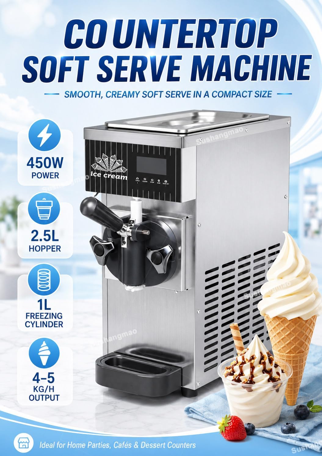 Máquina para hacer helado de encimera de 450 W, tolva de 2.5 litros, panel LCD, rendimiento de 4-5 kg/h, limpieza automática, máquina comercial de helados para salones