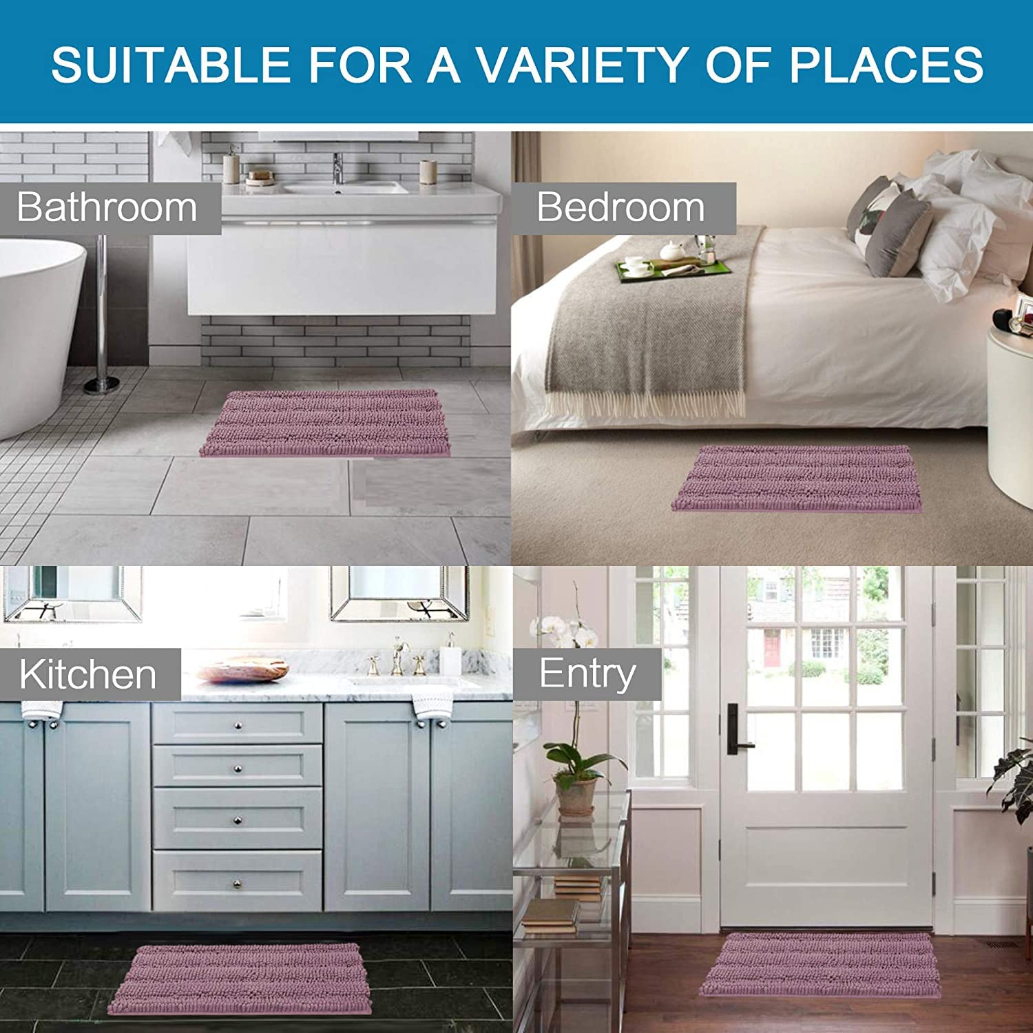 Tappeto Bagno Righe In Ciniglia Tappetino da Bagno Extra Morbido e Assorbente In Microfibra Shaggy Tappeto Antiscivolo da Bagno ad Asciugatura Rapida Lavabile (Malva,60 x 90 cm)