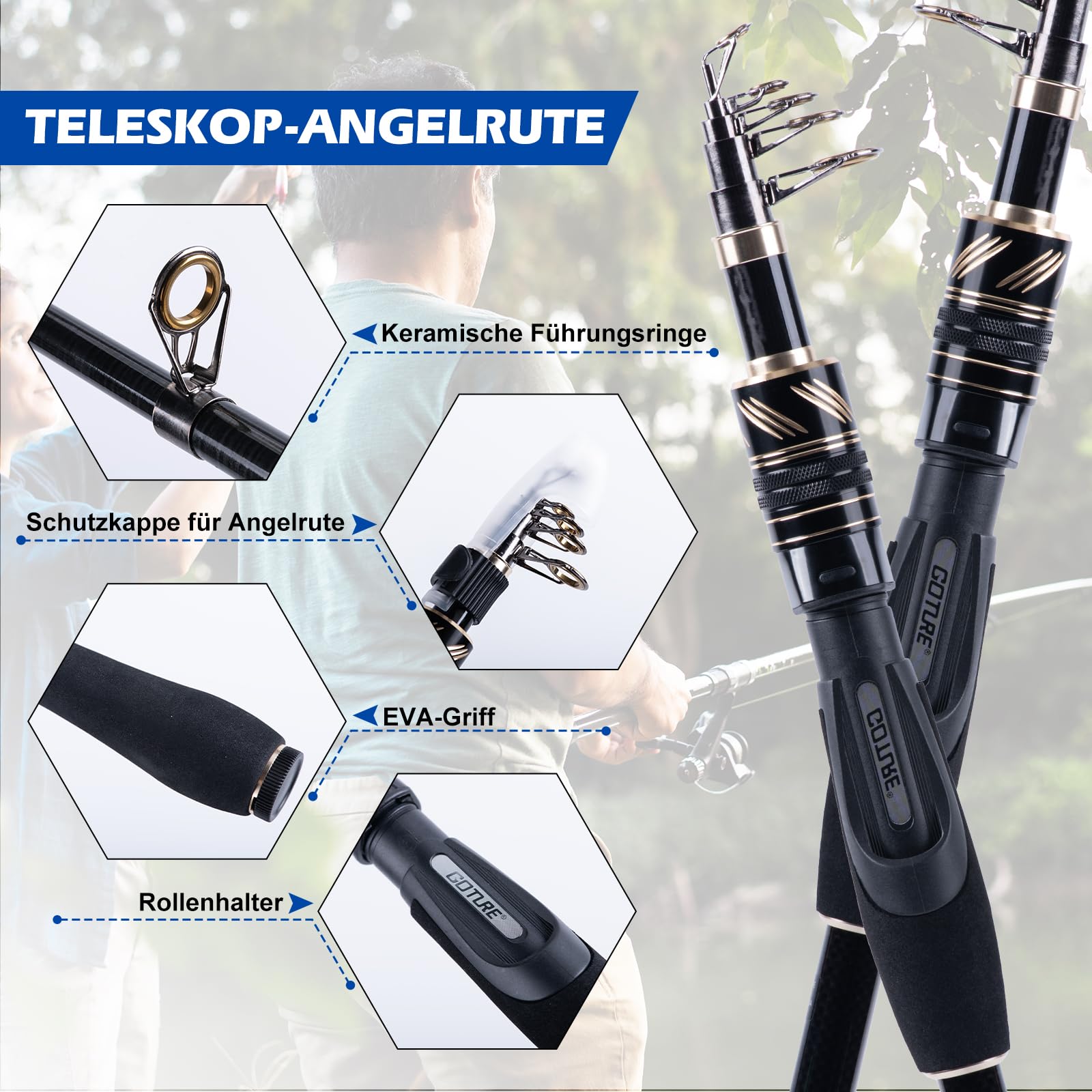 Goture Angelset Komplett, Teleskop-Brandungsrute aus Kohlefaser & Spinnrolle mit 9+1 gekapselten Kugellagern, inkl. Angelwerkzeuge, Rollentasche - Professionelles Angeln im Salzwasser