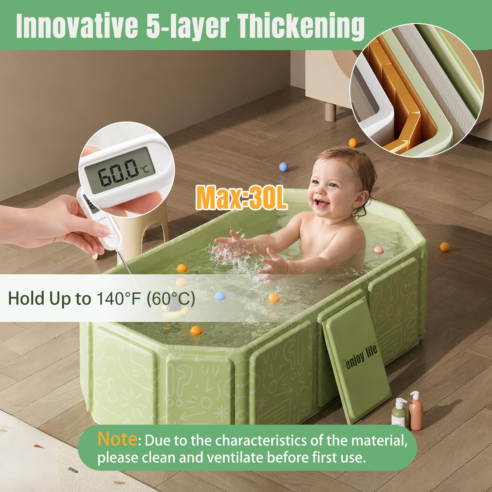 Bañera plegable para niños, portátil y grande para bebés, lavabo de ducha bañero para 0-8 años, integrado con tapón de drenaje (Verde)