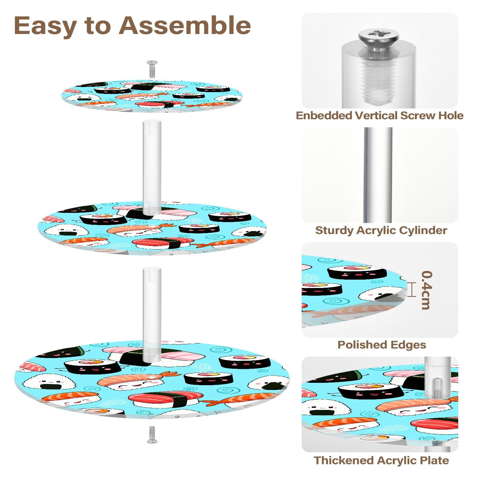 Nander 3 Tier Cupcake Stand,Cute Sushi Large Cupcake Tower Display, Round Cupcake Holder, Acrylic Dessert Stand, Pastry Display Tree for Party, Wedding, Baby Shower