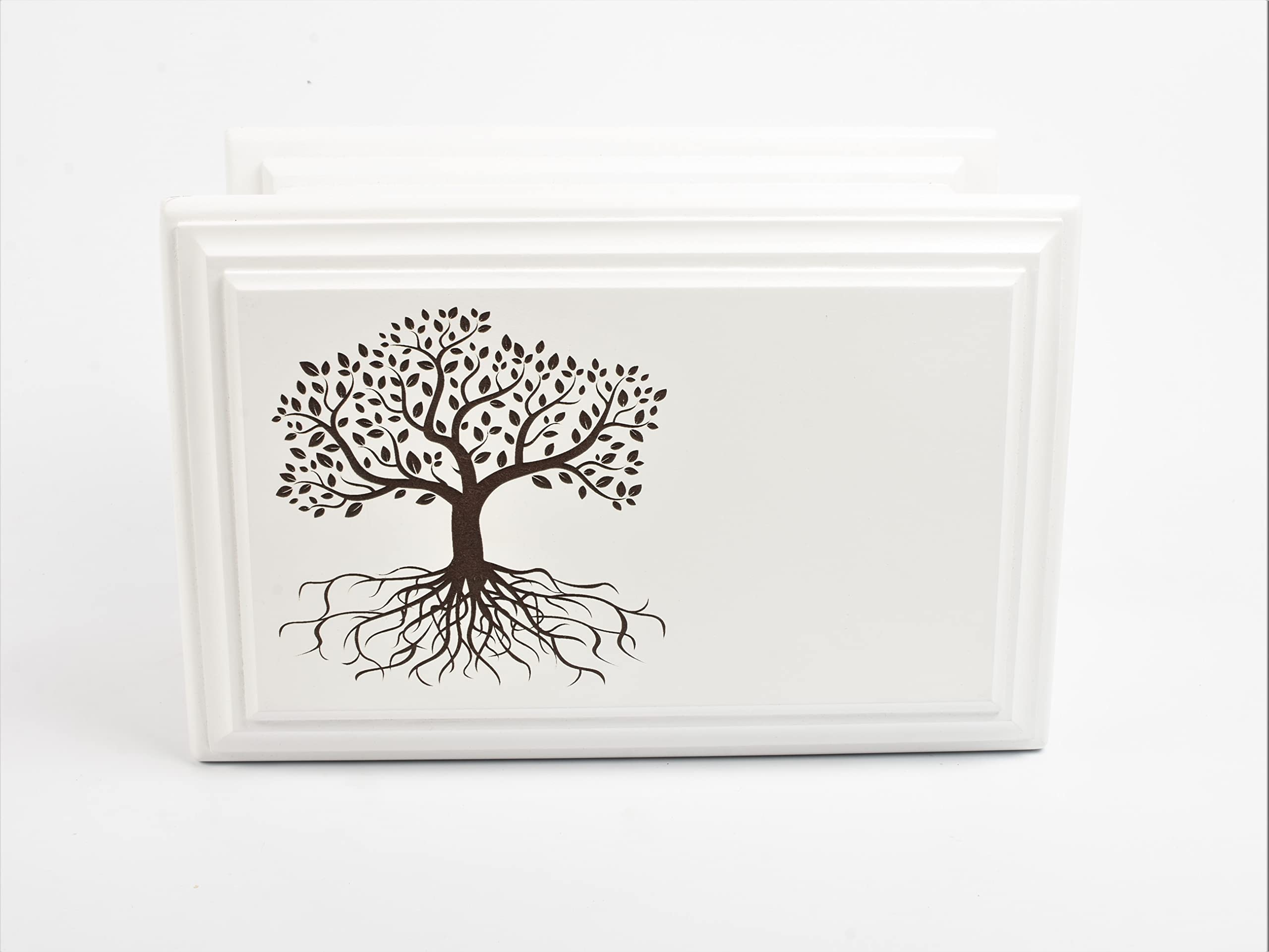 MDF White Painted Casket Urn Box – Refined Memorial Ashes Container with Secure Screw Bottom – Peaceful Tribute Design (Large, Tree)