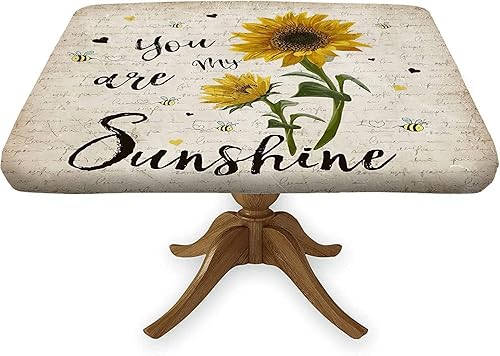 Mantel cuadrado ajustable con diseño de girasol, con borde elástico, se adapta a 36 x 36 pulgadas, paños de poliéster lavables y lavables para