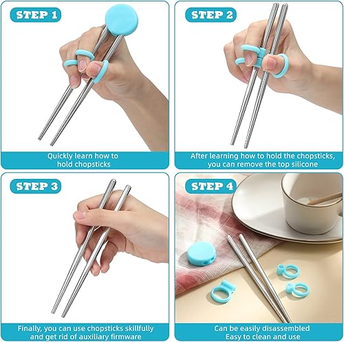 Miniatura 3 de Patelai 2 pares de palillos de entrenamiento para niños, palillos de acero inoxidable reutilizables de metal para ayudar al aprendizaje de los niños