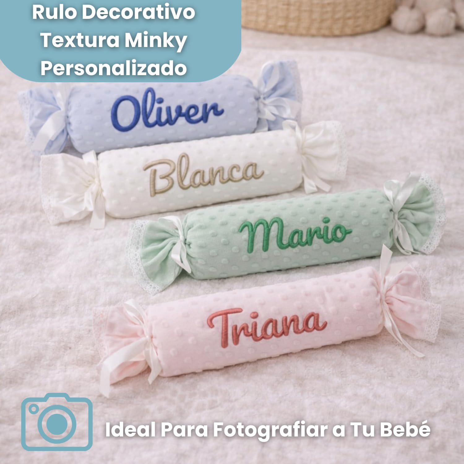 Canastilla Bebé Recién Nacido Burbujas con Manta | Manta muselina 80x100, rulo bordado, chupete y pinza con nombre, muselina 75x75, patucos y agua perfumada