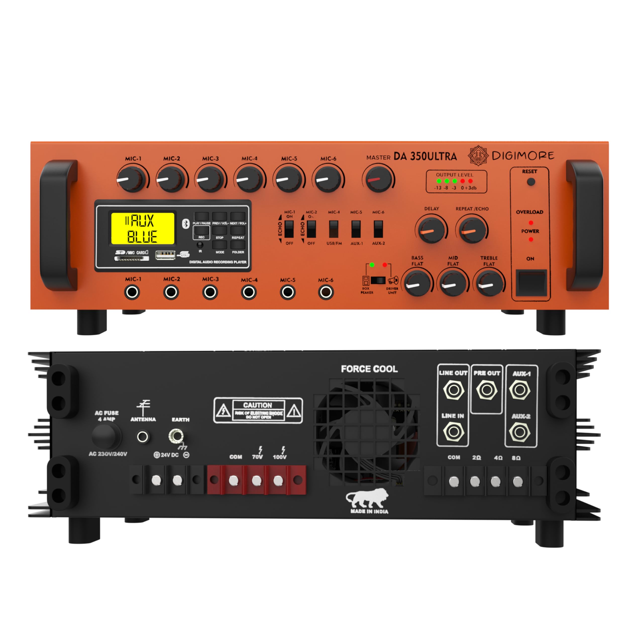 DIGIMORE Professional Amplifier| 500W Max/350W RMS Output| 6 Mic Support | Bluetooth/USB/SD/FM & Recorder| Base, Echo and Treble Control| AC & 24V DC Operation| DC Fan Cooling (DA-350ULTRA)-image-26