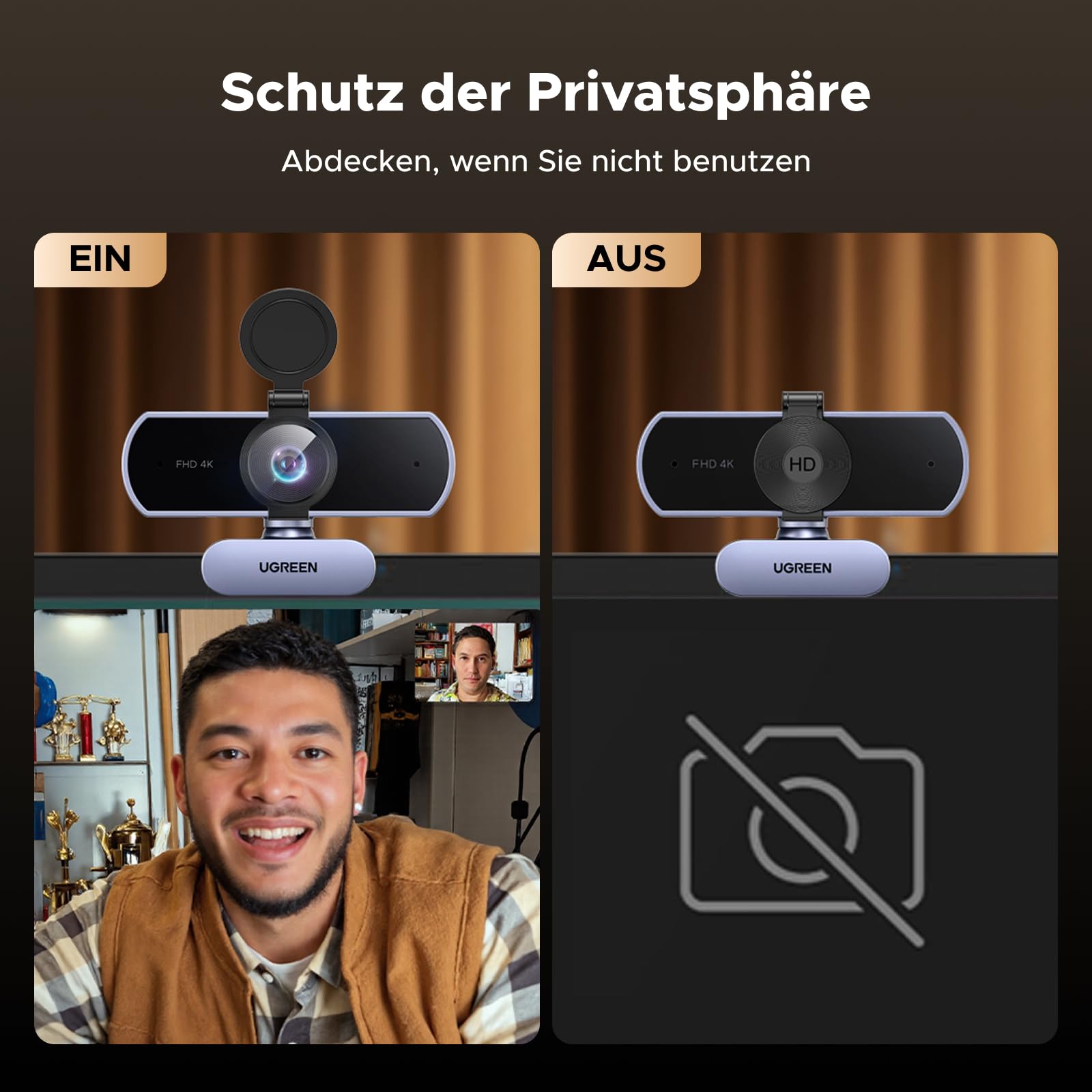 UGREEN FineCam Lite 4K, UHD Webcam 4K, Webcam mit Mikrofon und Objektivabdeckung, PC Kamera Autofokus, 70°FOV, USB-A/C Anschluss, für PC/Laptop/Windows/Mac/Linux/Skype/FaceTime