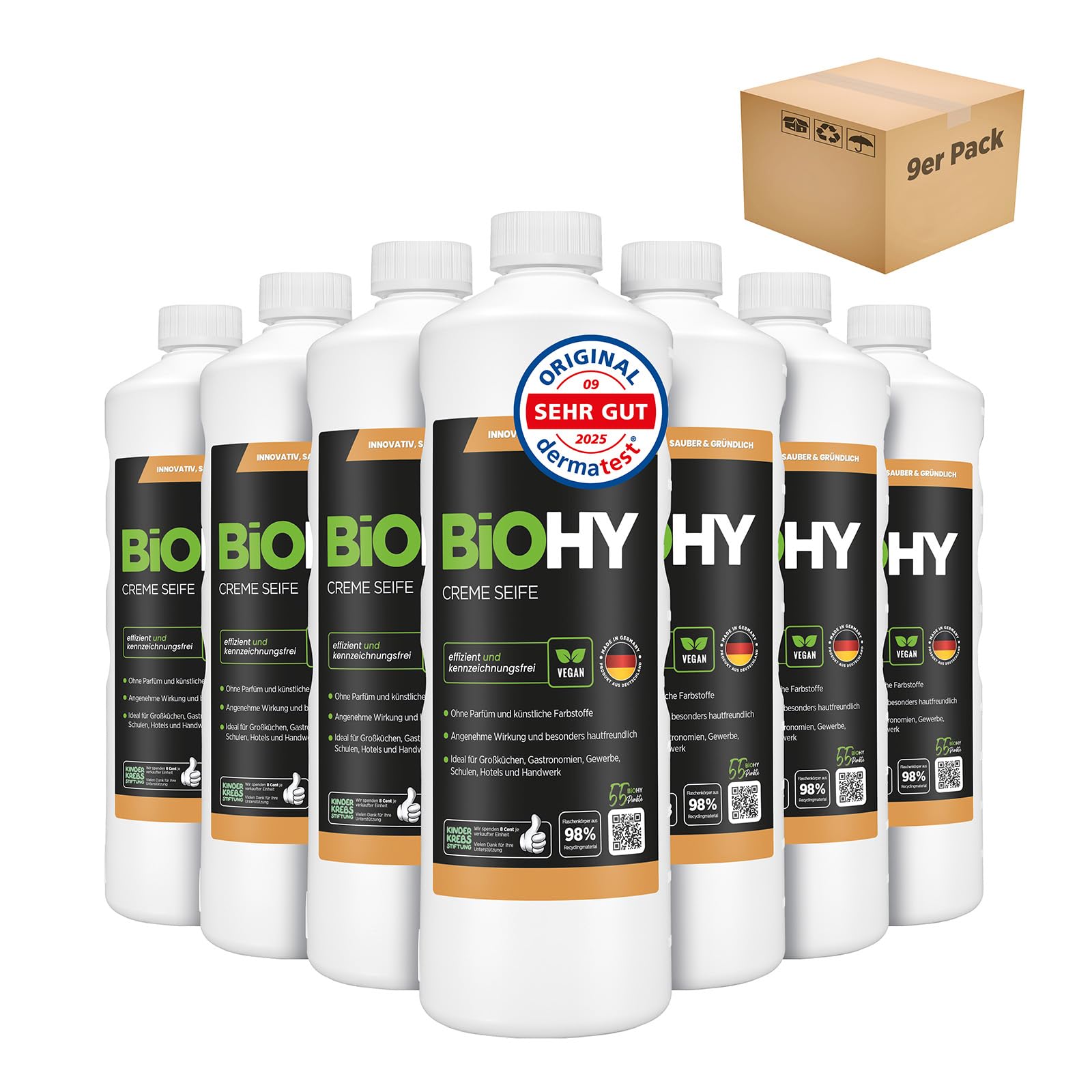 BiOHY Mydło kremowe (9 x butelka 1l) | Przyjazny dla skóry, odtłuszczający i bezzapachowy wkład do mydła | BEZ FOSFORANÓW | Bez perfum i barwników | na bazie roślinnej (Creme Seife)