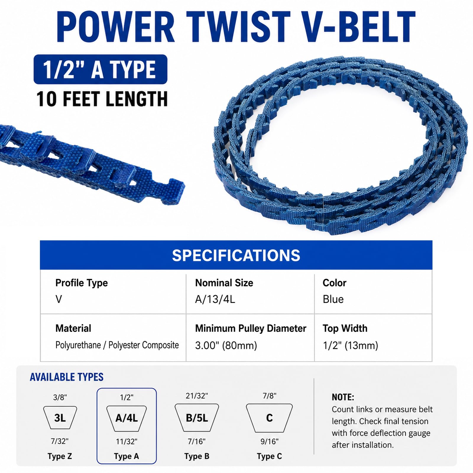 10FT Power Twist V Belt,1/2-Inch x 10 Feet A Type, Adjustable Link Belt — Amazon image 2