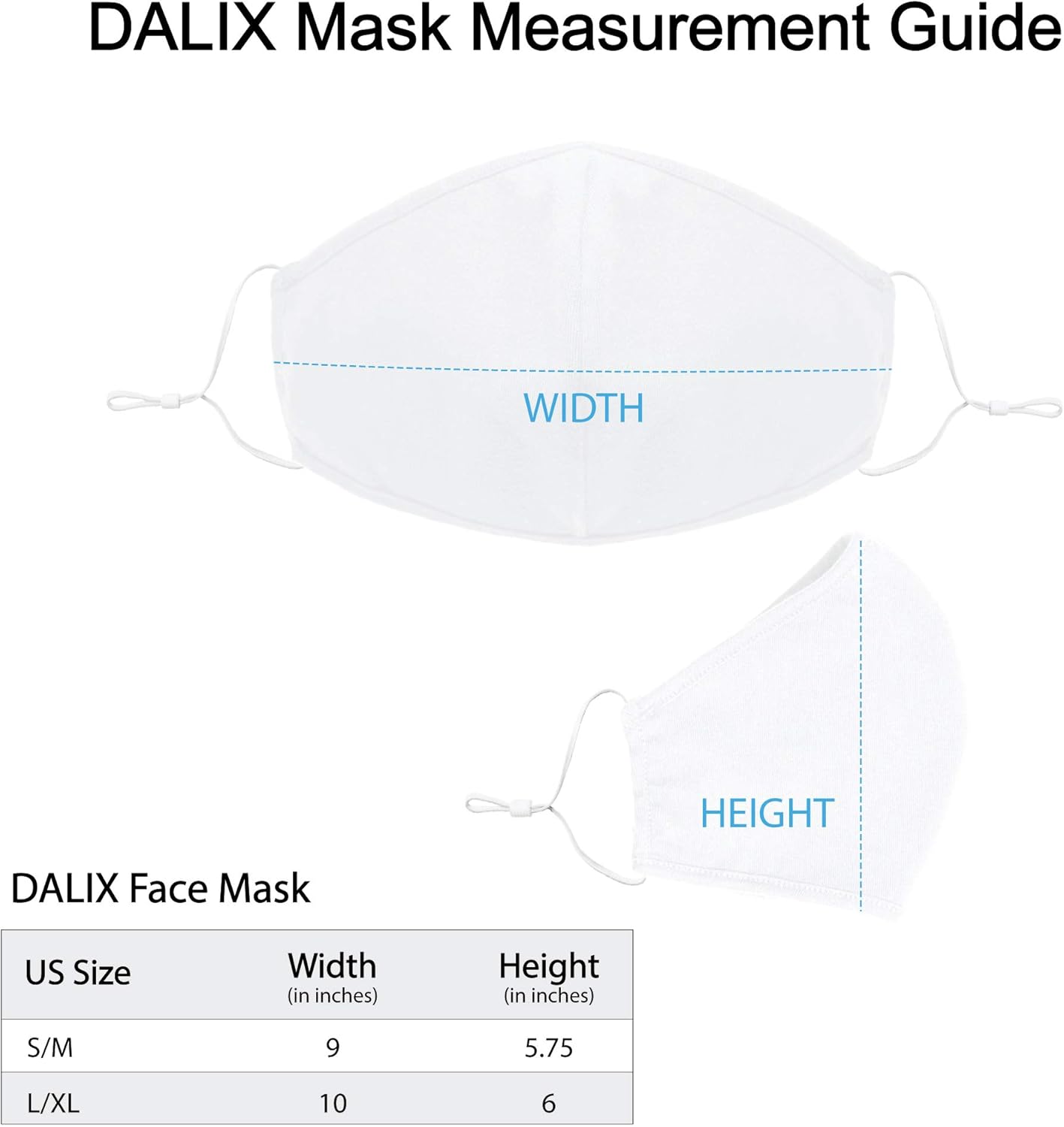 DALIX Cloth Face Mask Reusable Washable Made in USA - White S-M (10 Pack)