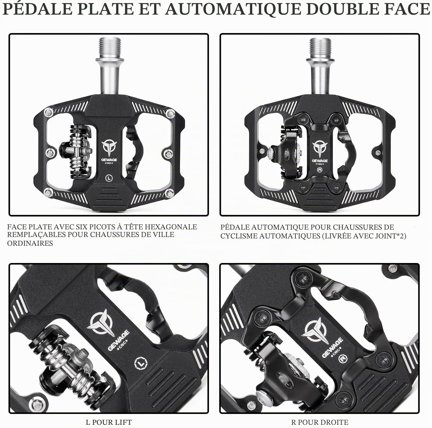 GEWAGE Pédales Vélo SPD Double Fonction - Plateau/Clipless, 3 Roulements Étanks, Aluminium Léger 9/16" avec Picots pour VTT et Route,vélo de Gravier