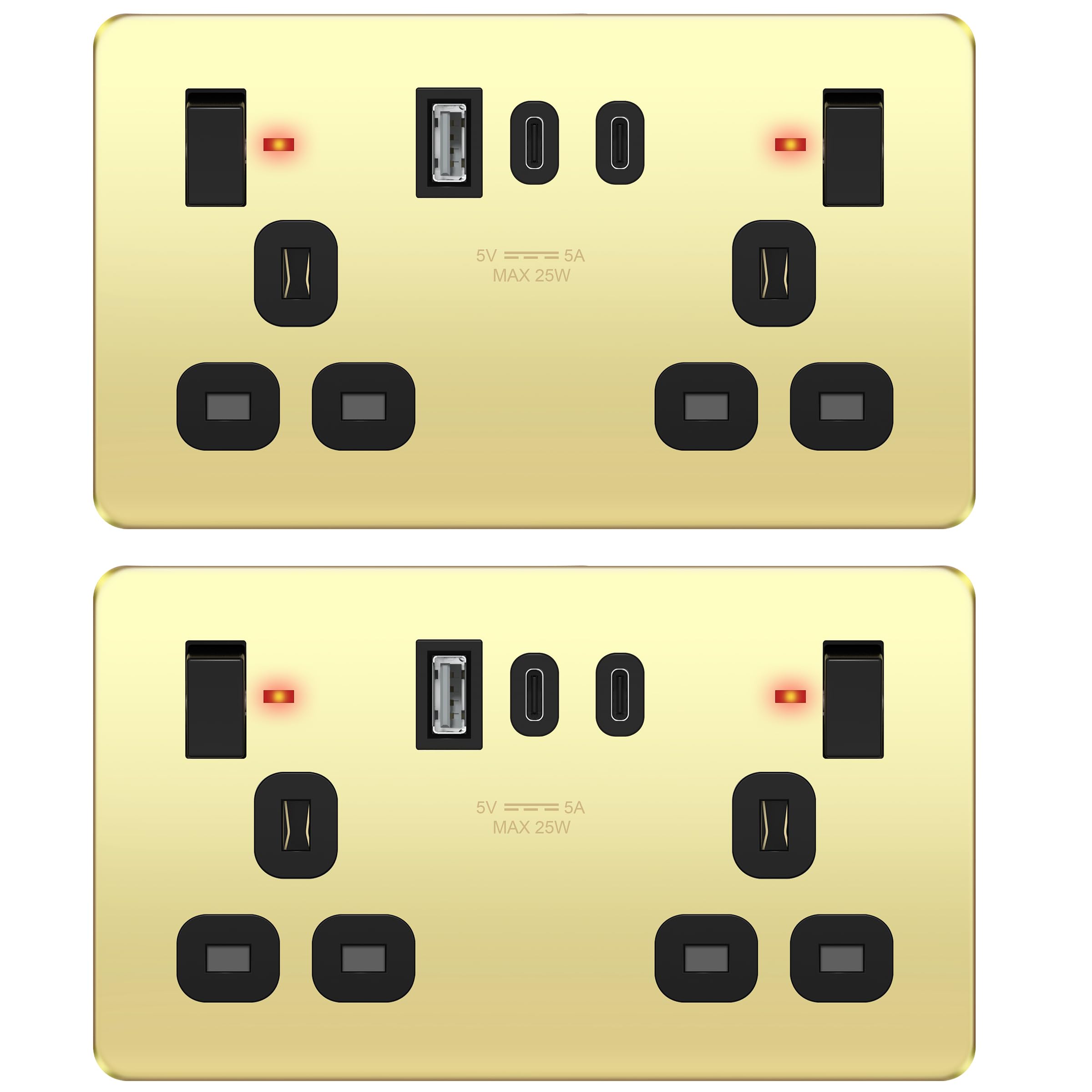 LIDER 2-Gang Switched Socket, USB TYPE C&A Ports, LED Power Indicator, Always-On USB Ports, 25W Combined Output, Stainless Steel, UKCA Certified, Polished Brass, 2 Pack (Use a 35mm-deep back box) — image 1