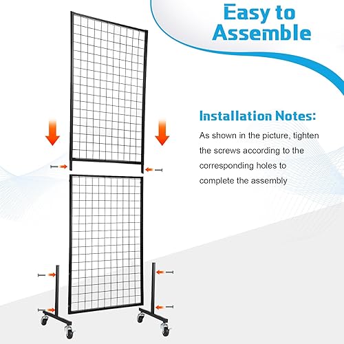 Miniatura 3 de Therwen Paquete de 2 paneles de pared de rejilla de 6 x 2 pies con 40 ganchos, paneles de rejilla de alambre con ruedas base en T, paneles de