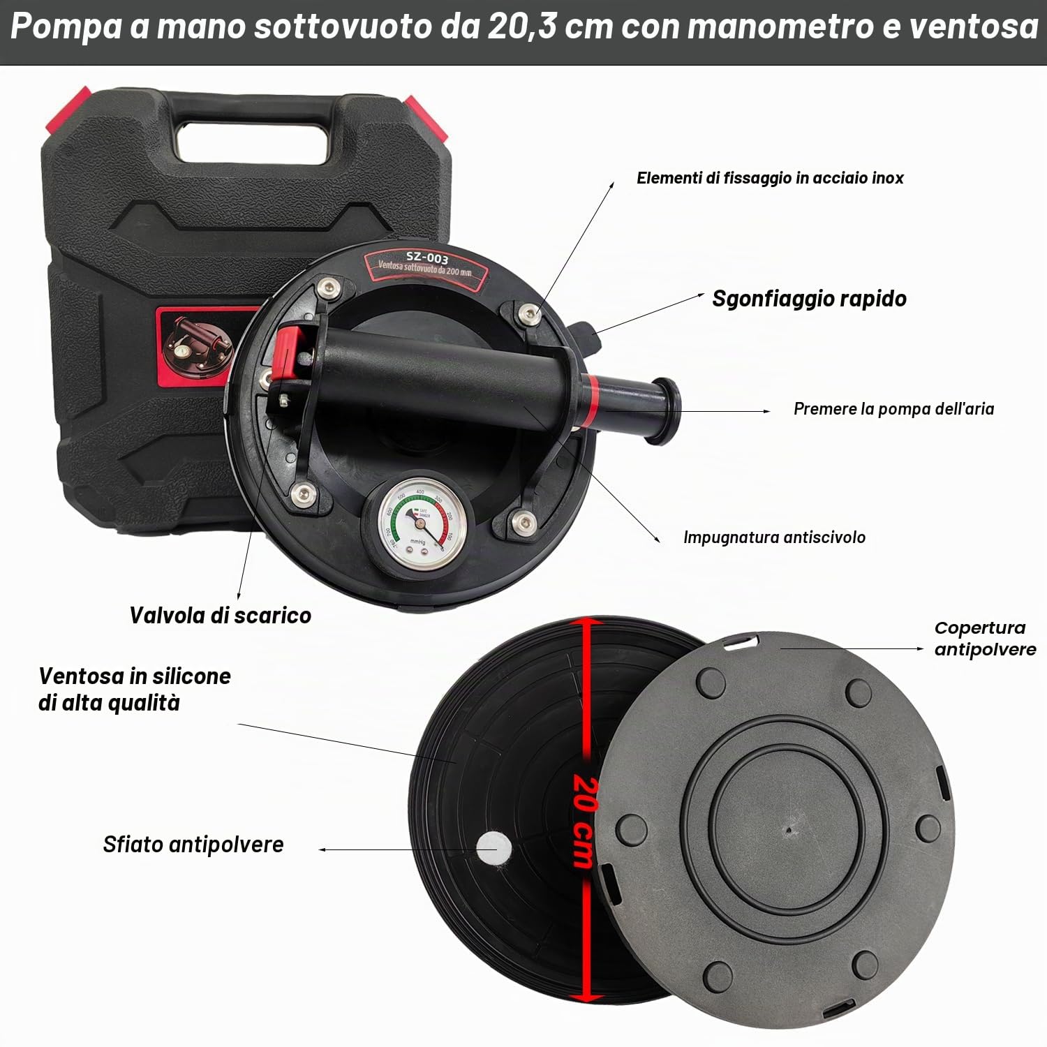 2 Pacchi Ventosa Vetro 8" Pesante di Vetro Ventosa Con Manometro Pompa Vuoto Ventose Sollevatore Ventose per Sollevamento a Ventosa Industriale Capacità di Carico 200Kg Con Includi Valigia