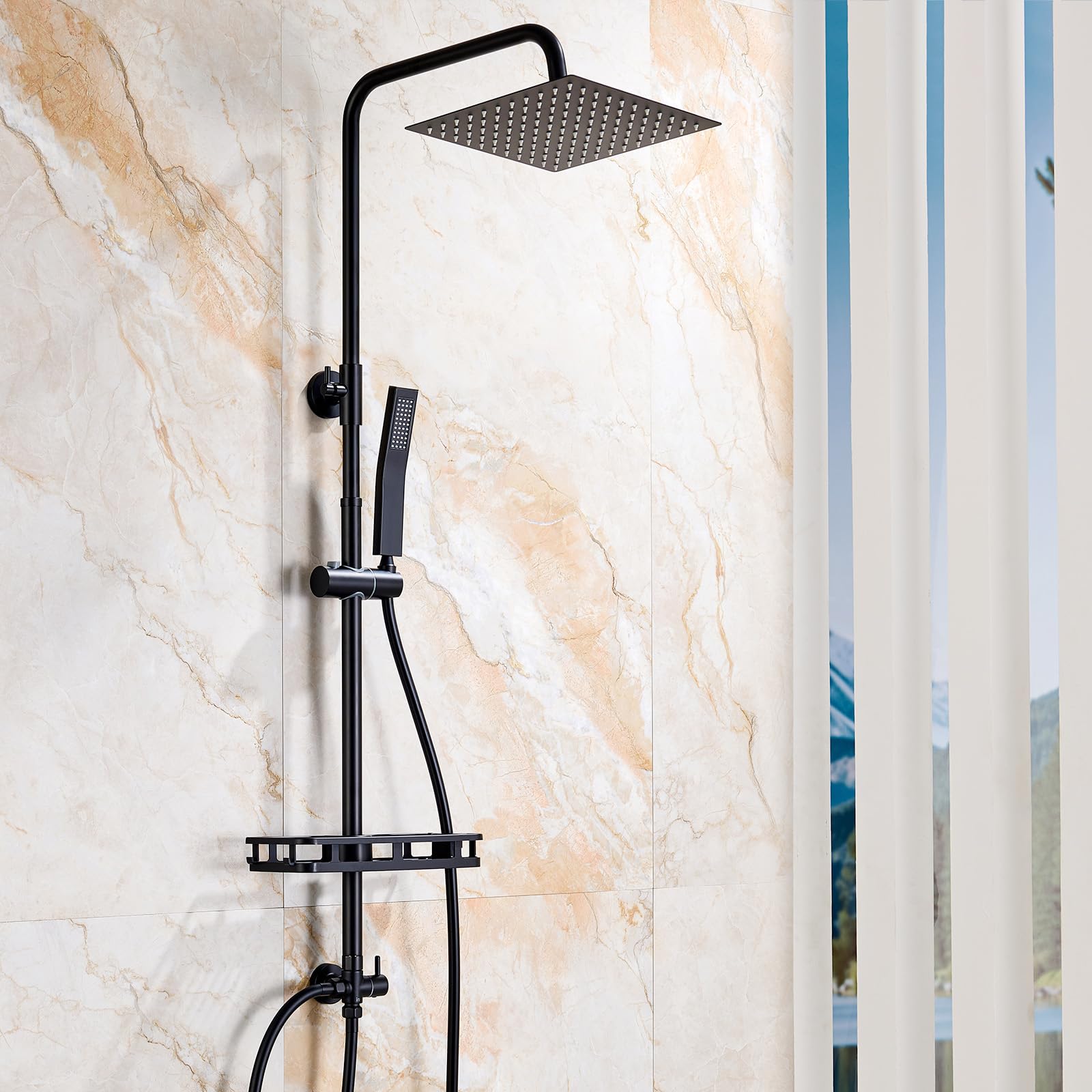 Auralum Shower Riser Rail Kit with 10" Square 304 Stainless Steel Rainfall Shower Head, Handheld Shower, No-Drill Shelf & Adjustable Shower Rail, Black Shower Set (Without Mixer) for UK Bathrooms