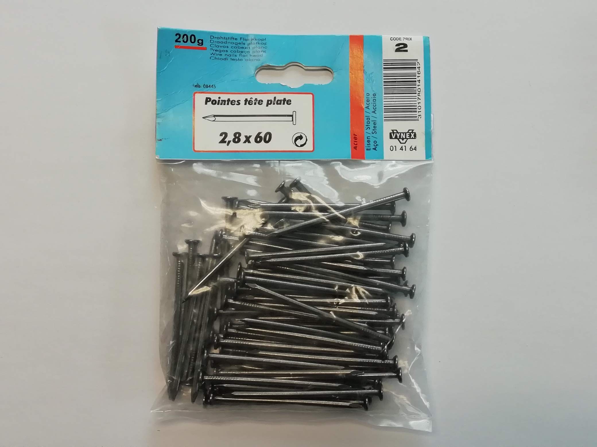 Pointe TP Acier VYNEX 2.8x60 mm en boîte de 200g pour travaux de menuiserie