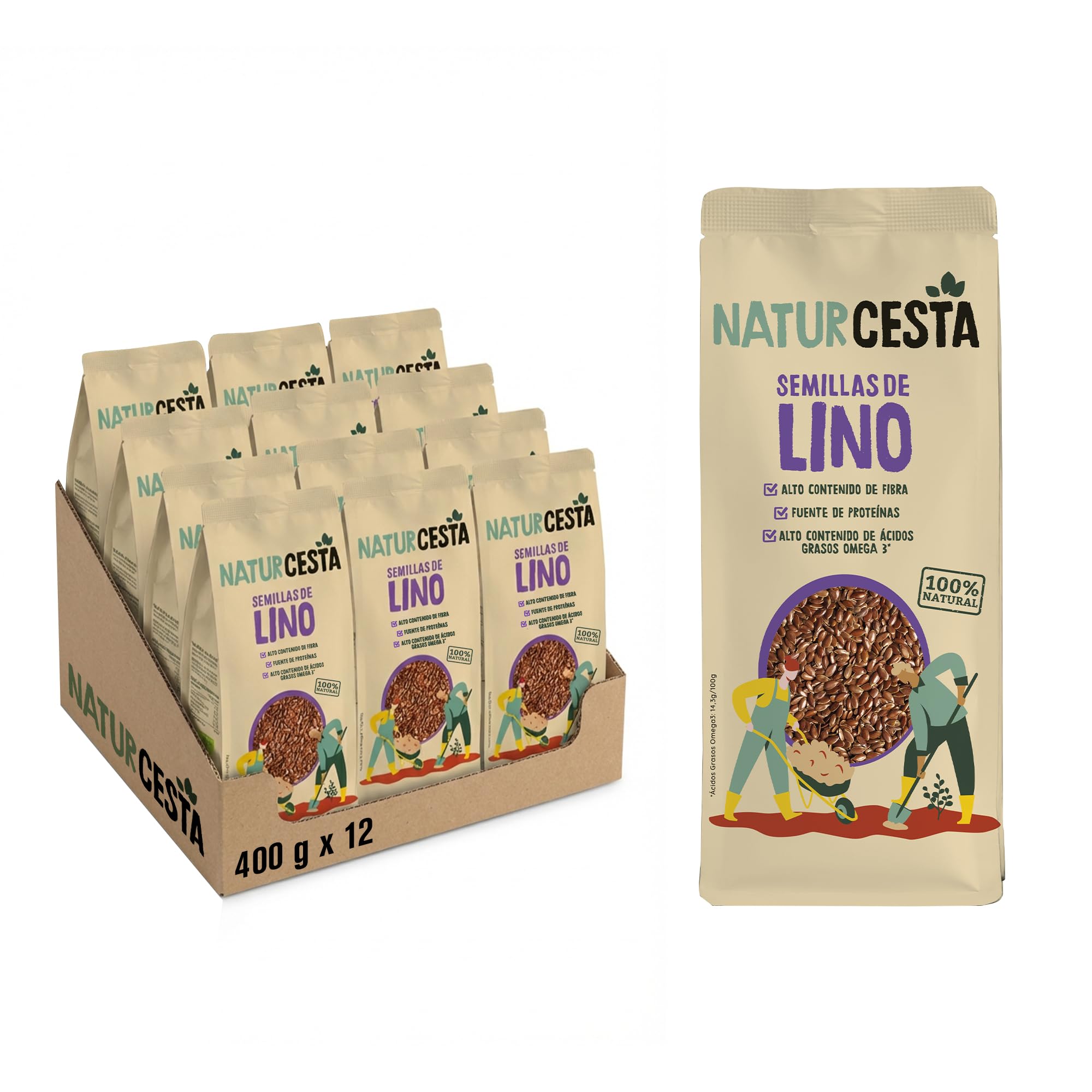 NATURCESTA ALIMENTACIÓN NATURAL - Pack de 12 Bolsas de Semillas Ecológicas de Lino de 400 g - Alto Contenido en Fibra, Omega 3, Vitamina E y Magnesio - Apto para Dieta Vegana y Paleo