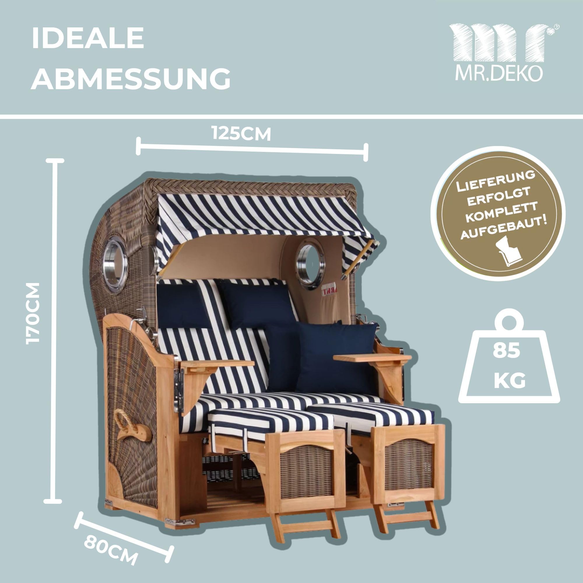 MR. DEKO® Strandkorb Düne Teak 2-Sitzer Bullauge | PE Geflecht Grey | Volllieger Strandstuhl verstellbar | inkl. 4 Kissen Wechselpolster | Strandkörbe fertig montiert aus Teakholz | (Dessin 518)