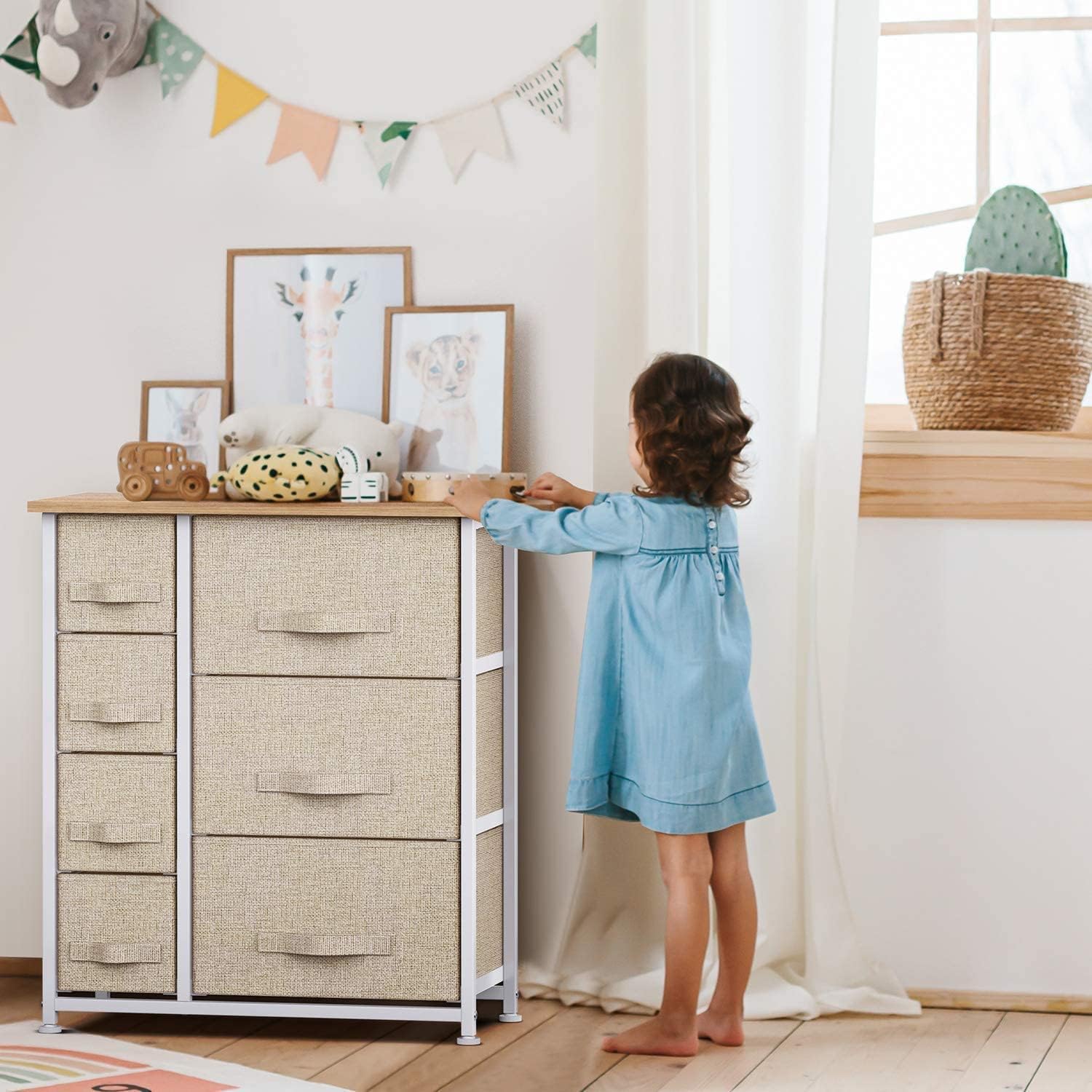 Pipishell 5 Drawer Fabric Dresser Storage Tower, 7 Dresser Chest with Wood Top, Organizer Unit for Closets Bedroom Nursery Room Hallway, Beige : Baby