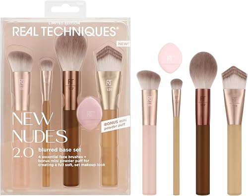 Real Techniques New Nudes Blurred Base Kit, 5 Piece Face Makeup Brush Set with Powder Puff, for Foundation, Concealer, Blush, Contour & Powder Blending, Soft Bristles, Cruelty-Free