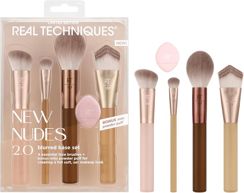 Nuevo Nudes Blurred Base Kit, Face Makeup Brush Set | Mezcla y fija con control usando un set de brochas de base con mini polvos, brochas de maquillaje para líquido, crema o polvo