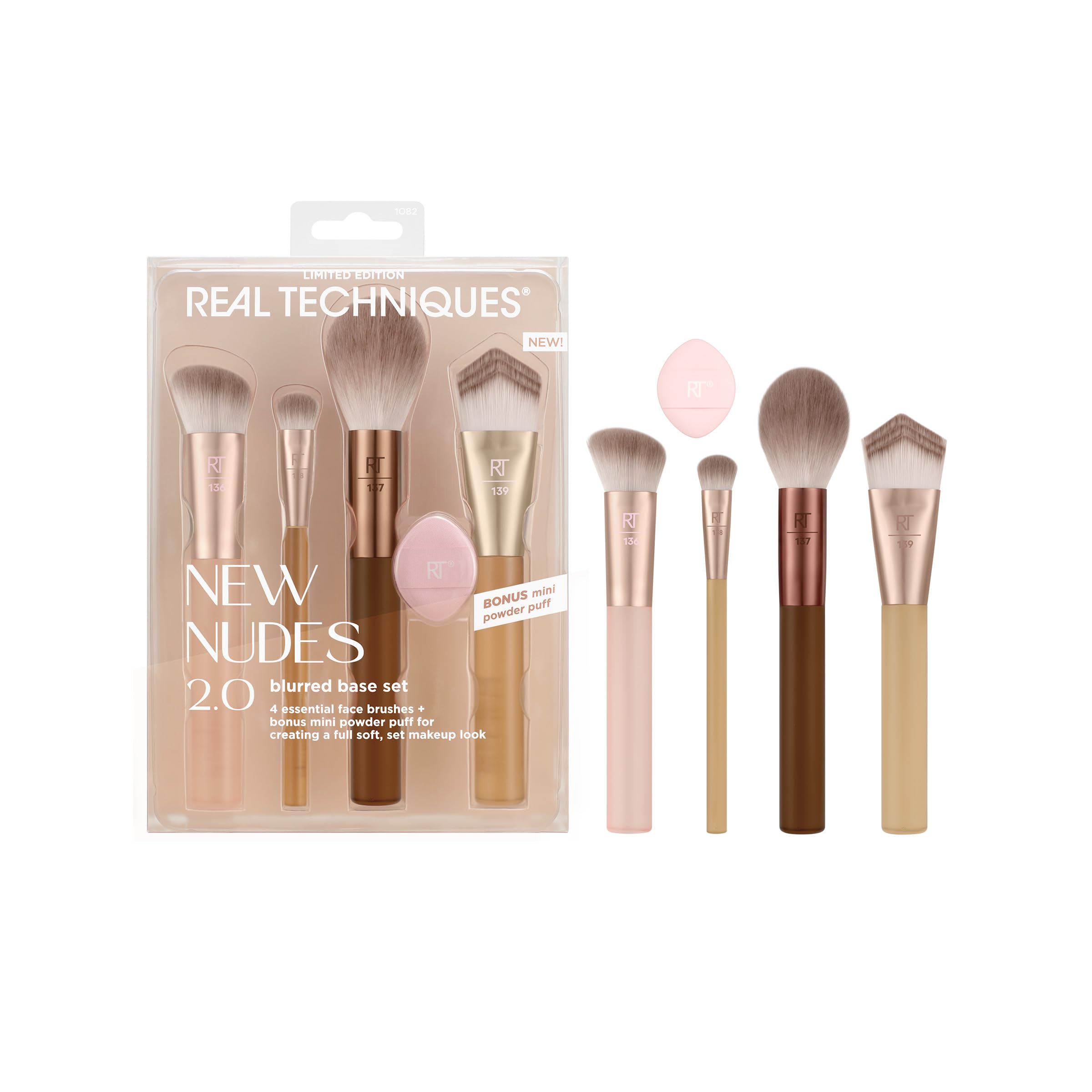 Real Techniques New Nudes Blurred Base Kit, Face Makeup Brush Set | Blend and set with control using a foundation brush set with mini powder puff, makeup brushes for liquid, cream or powder