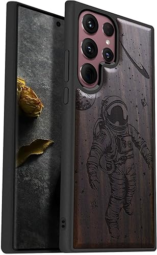 Carveit Funda de madera para Galaxy S22 Ultra madera natural y TPU suave negro a prueba de golpes, diseño de madera único y elegante, compatible con