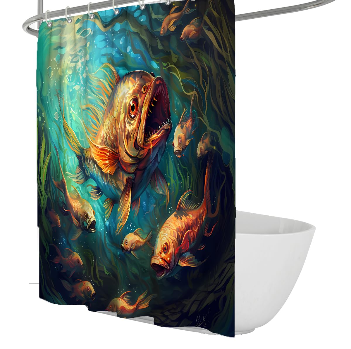 UERWOWELL Monster Fish Shower Curtain Gothic Art Bathroom Decor Curtain Waterproof Washable Fabric Cool Underwater Scene Shower Curtains for Bathtub W240xL180 cm