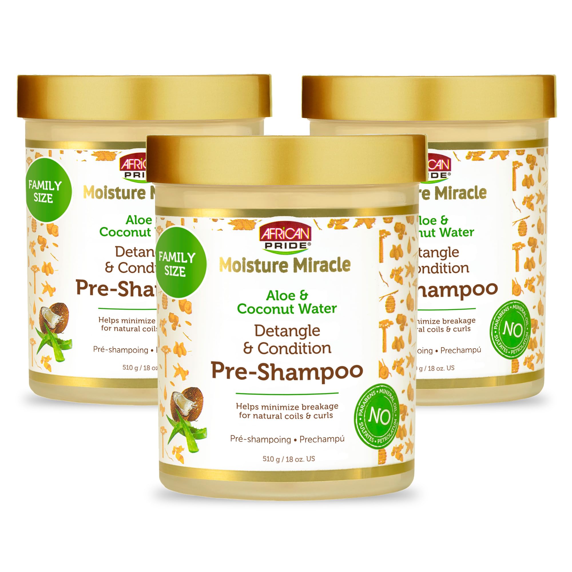 African Pride Moisture Miracle Aloe & Coconut Water Pre-Shampoo - Helps Minimize Hair Breakage for Natural Coils & Curls, Detangles & Conditions, 18 oz (Pack of 3)