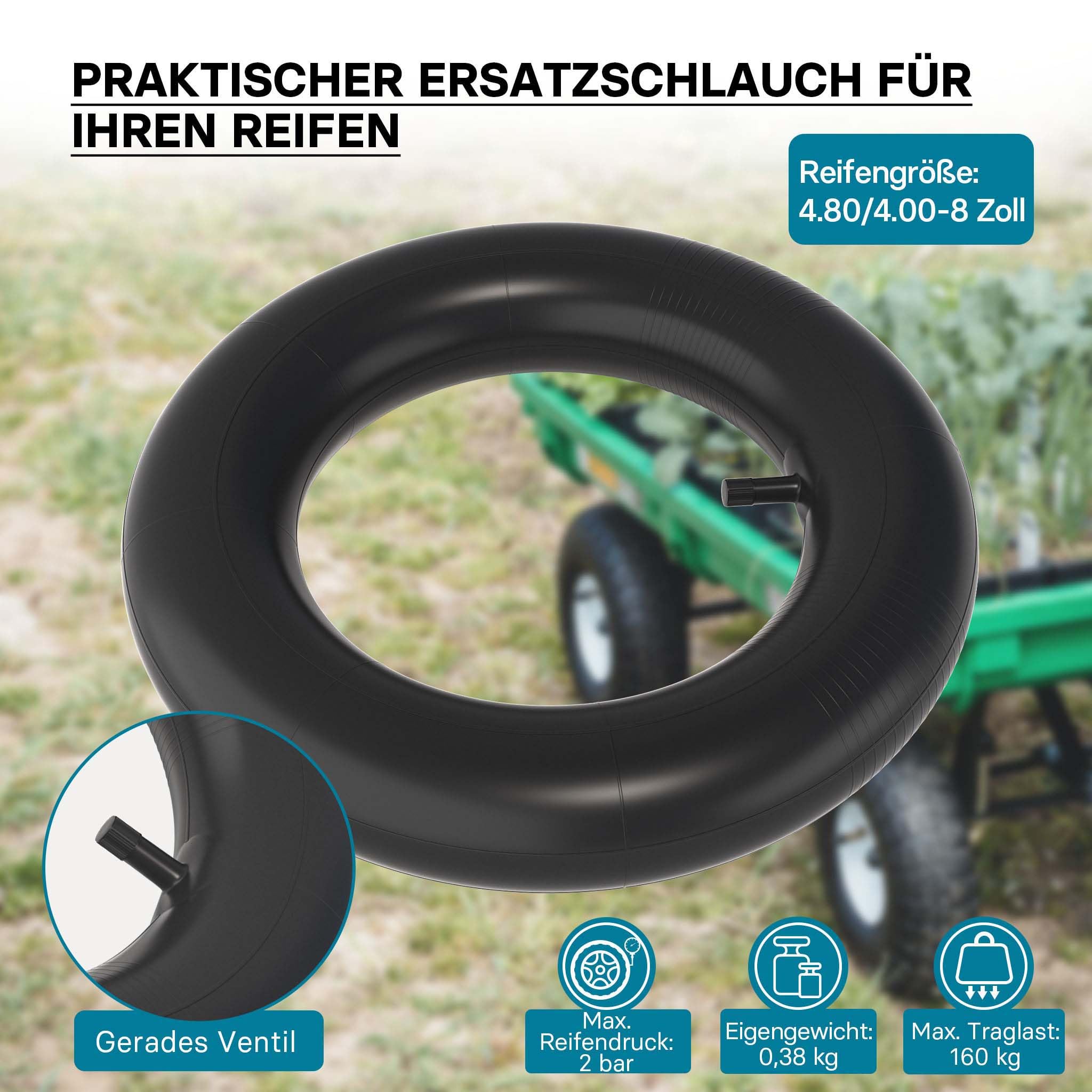 Wiltec Lot de 2x Pneus & 2x Chambres à air 4.00-8 pour Roues de brouette – avec Valve droite TR13 – capacité de charge max. 160 kg – Chariot Jardinage Jardin Gazon