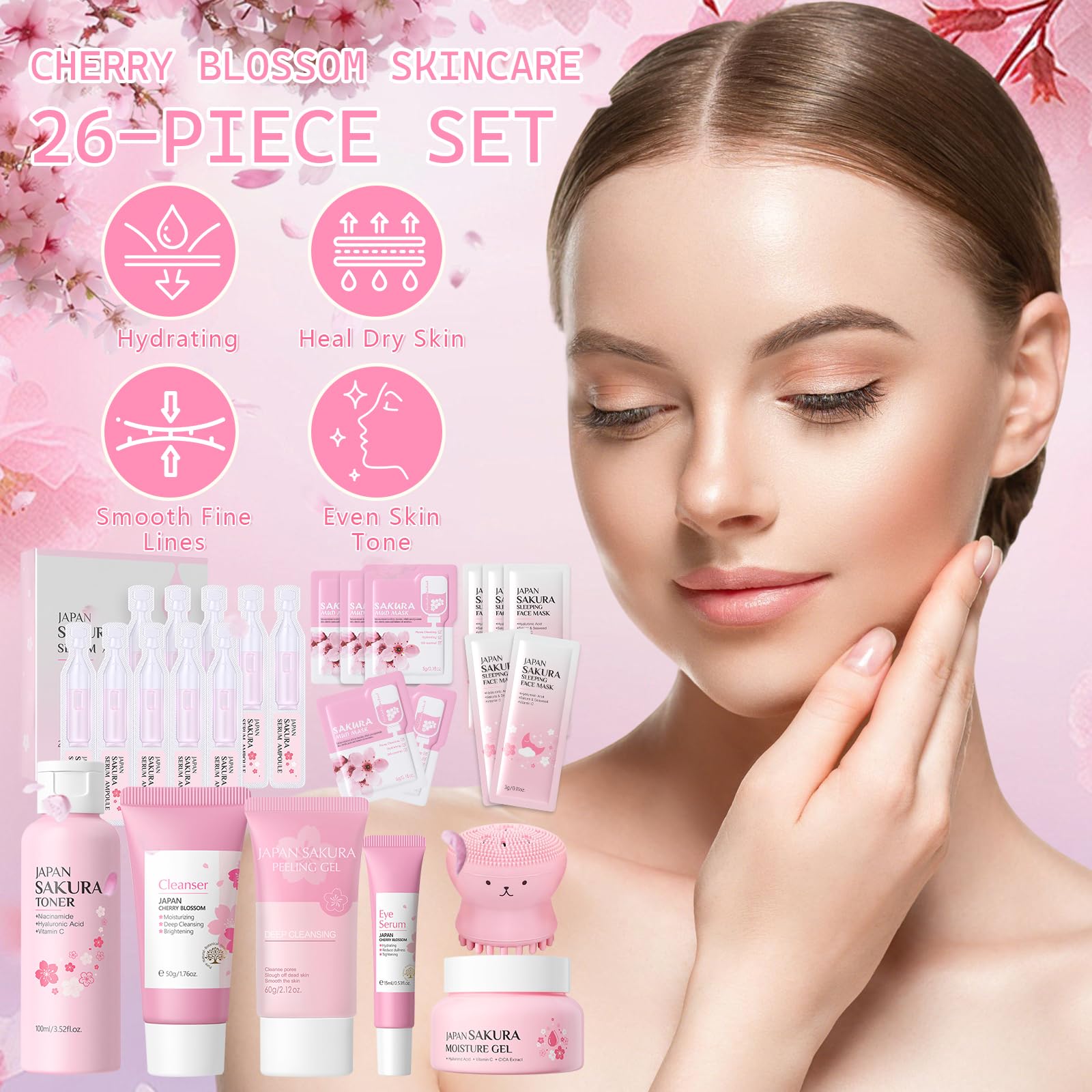 26 Piezas Set de Cuidado Facial Sakura, Sakura Set de Cuidado de la Piel | con Limpiador Facial/Tónico/Esencia/Dispositivo de Limpieza/Mascarilla, Etc.Kits De Cuidado Facial para Niñas y Mujeres